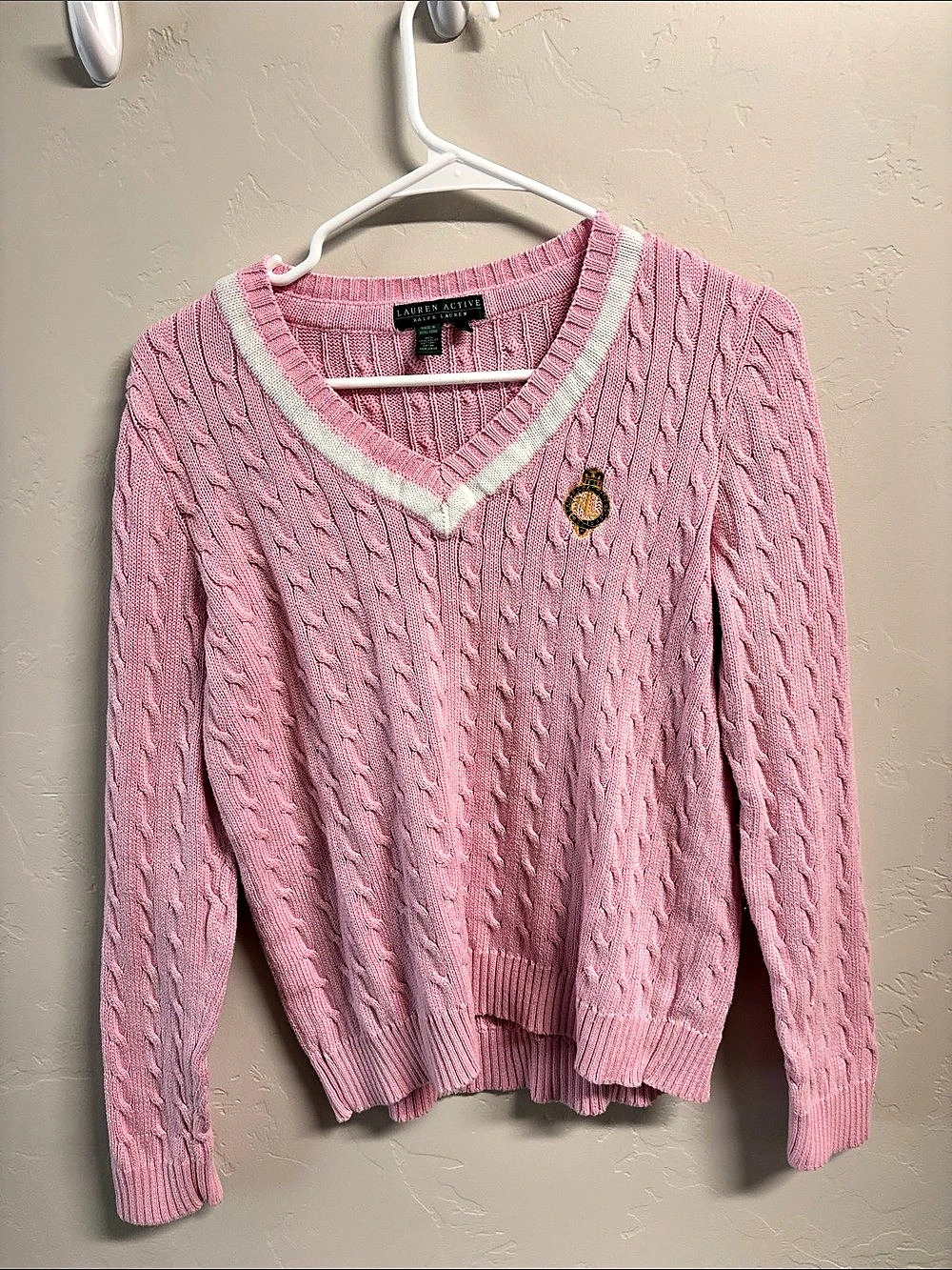 Lauren Active Ralph Lauren Cable Knit V-Neck Sweater in Pink Like New